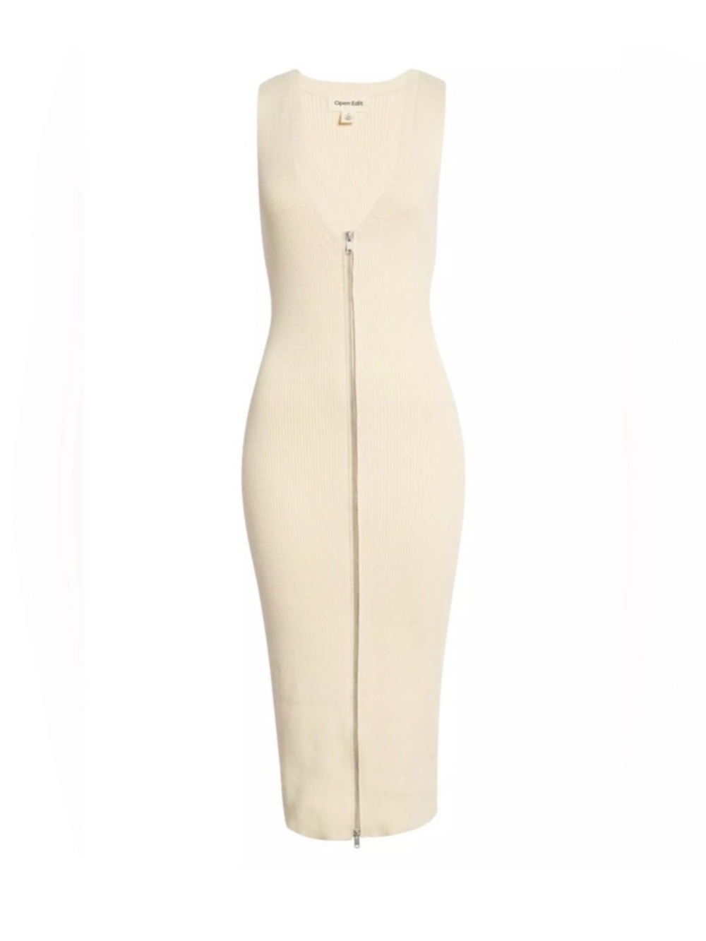 Open Edit Cream Ribbed Zip-Front Midi Dress